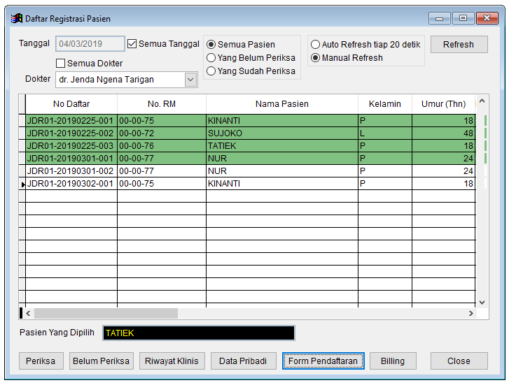 Tampilan Daftar Pasien