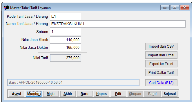 Tampilan Tabel Tarif